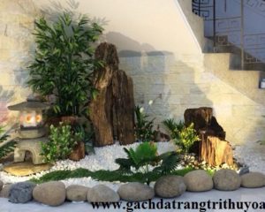Tiểu cảnh cầu thang trang trí bằng sỏi trắng và đá cuội