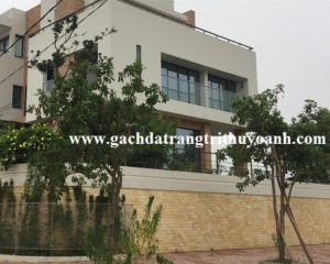 Tường xung quanh nhà được ốp bằng đá bóc vàng
